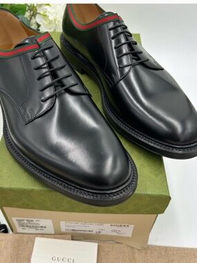 Men’s Gucci Black Leather Derby Shoes with Green-Red Web trim Size 12.5